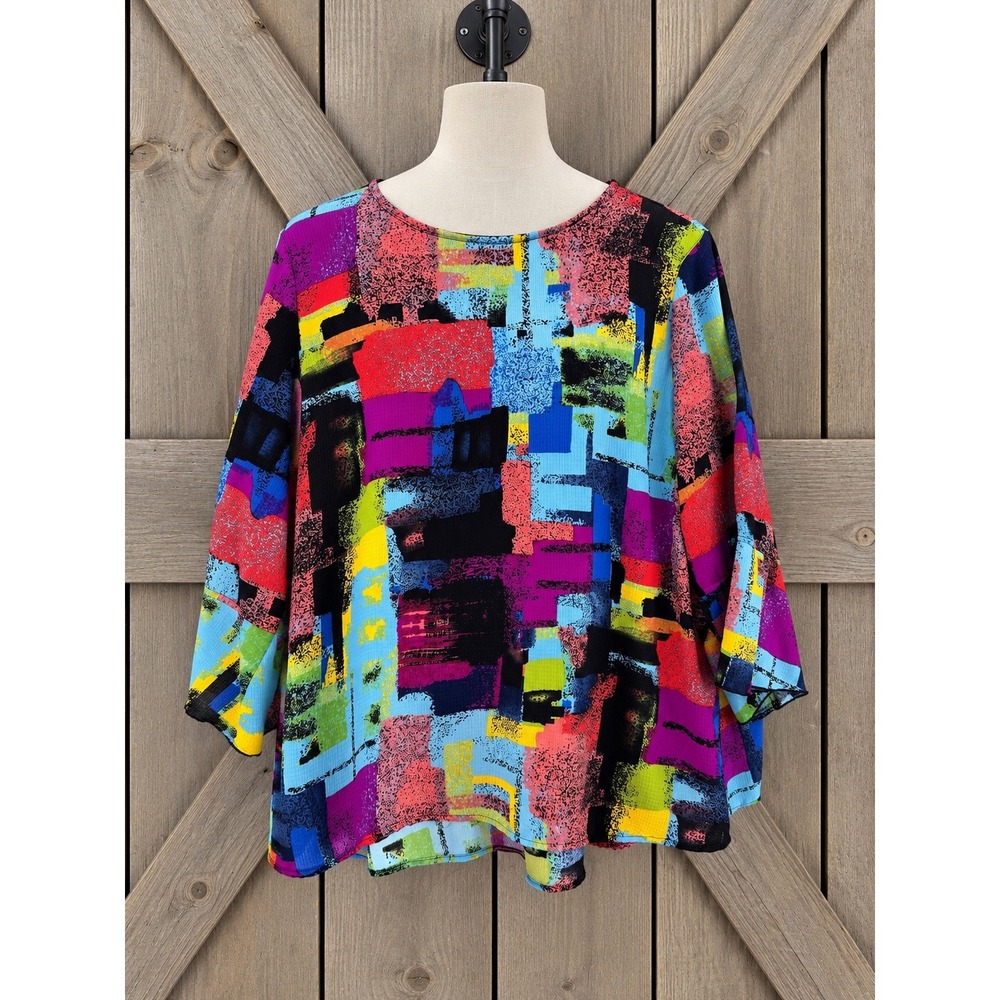 Ali Miles Artsy Top Size Large Multicolor Abstract Bell Sleeve Pleated Texture